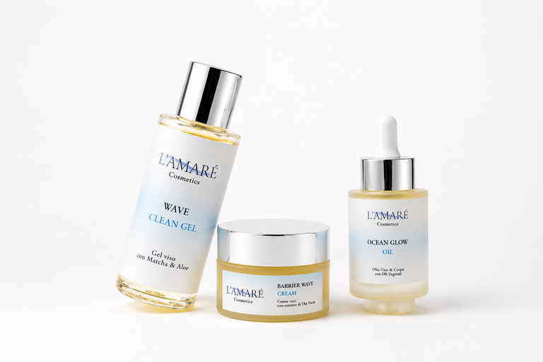 Linea L’AMARÉ Cosmetics con gel detergente, crema e olio