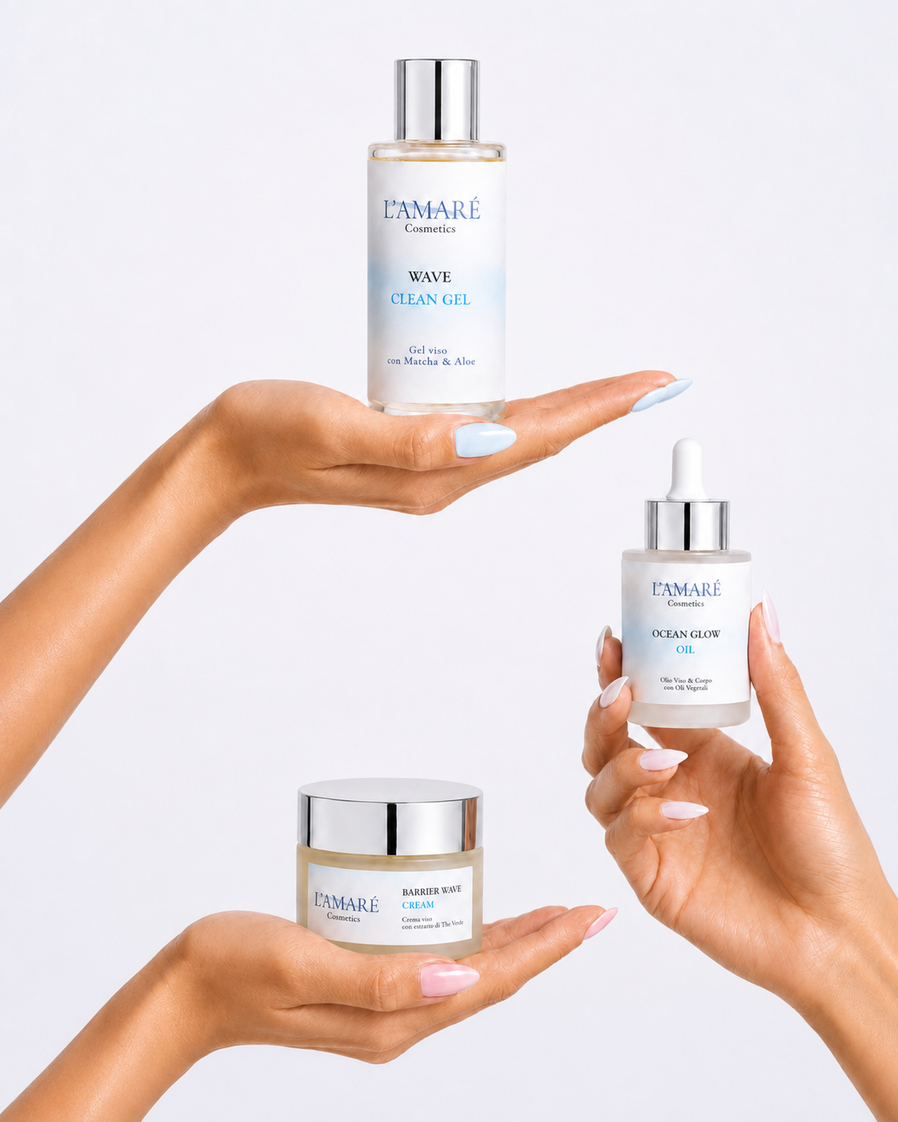 Routine L’AMARÉ con prodotti tra le mani
